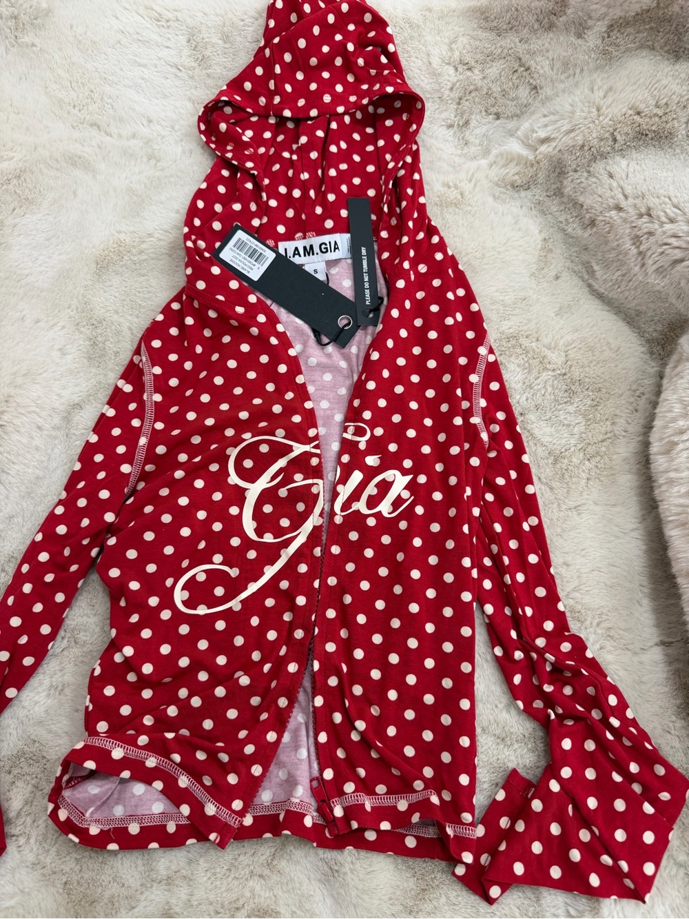 I.AM.GIA Red and White Polka Dot Hooded Zip Jacket